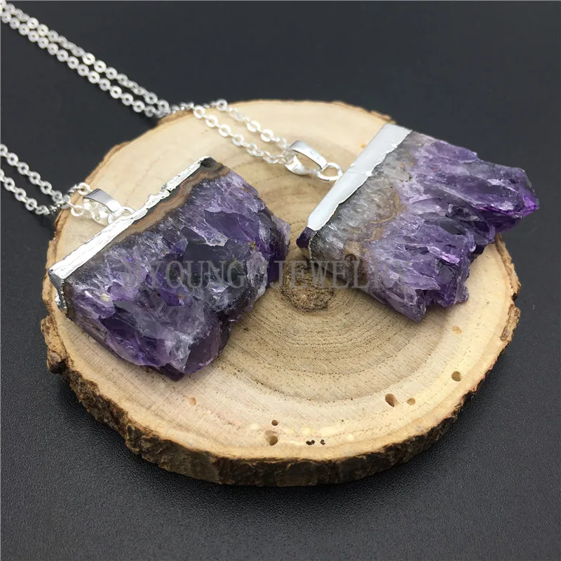MY0861 Purple Crystal Quartz Stalactite Slice Cluster Pendant Necklace,Amethysts Druzy Silver Electroplated Pendant Silver Chain Necklace (2)