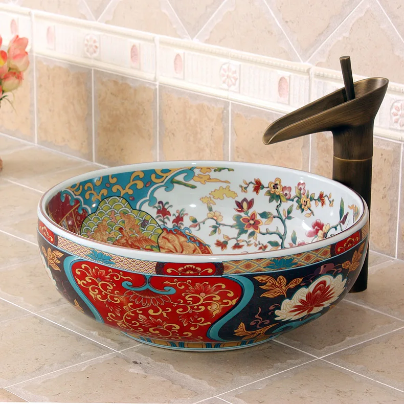 Antique flower and bird Handmade Europe Style Lavobo Ceramic Bathroom Luxurious Artistic Bathroom Sink Countertop bathroom wash basin (1)