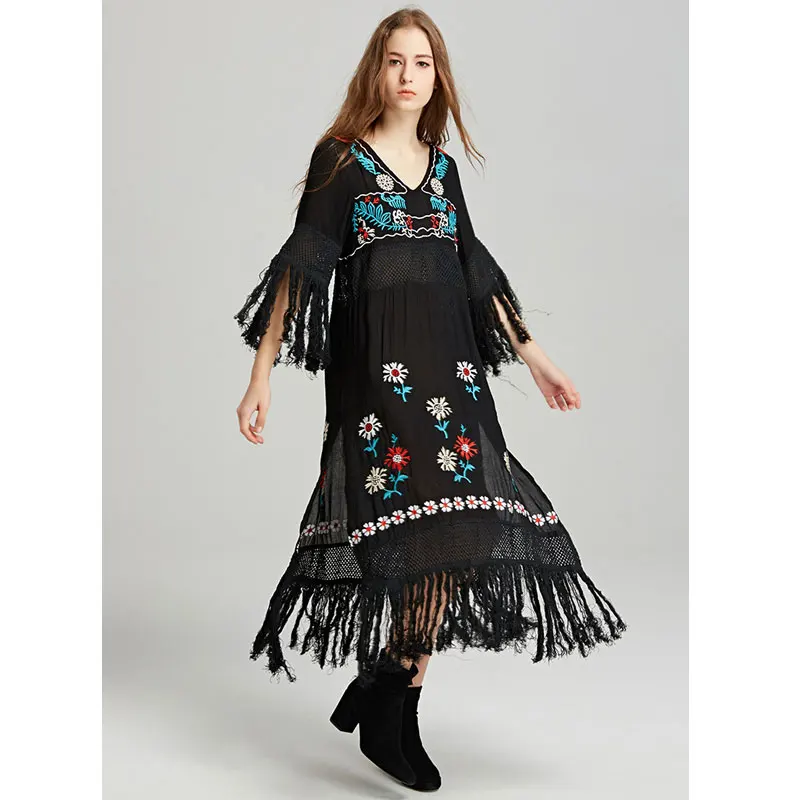 

2019 Tassel V Neck Loose Embroidery Boho Women's Dress Long Sleeves Maxi Holiday Party Summer Spring Beach Chic Hippie Dress