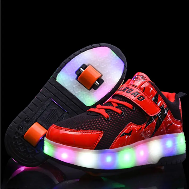العلامة التجارية الاطفال أحذية الطفال 2019 USB heelies احذية رياضية مع مزدوجة اثنين عجلة مصباح ليد يصل الأحذية أزياء الفتيات صبي تزلج أحذية
