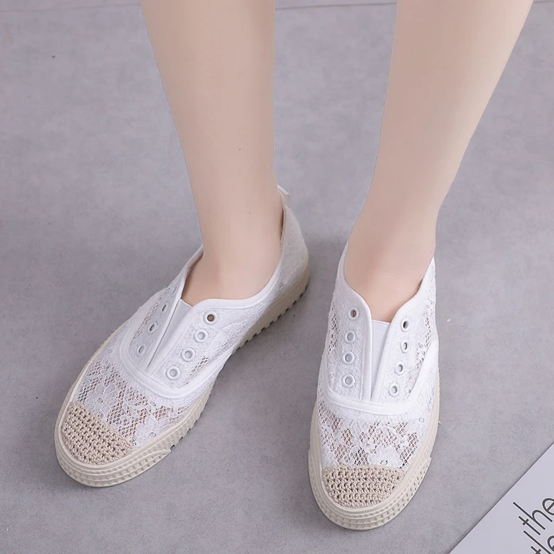 

2019 Summer Women Shoes Slip-on Flat Breathable Mesh Sneakers Casual Comfortable Vulcanized Shoes Lace White Sneakers