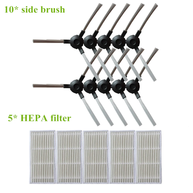 5x Robotic Vacuum Cleaner Parts HEPA Filter + 10x Side Brush for Duoro