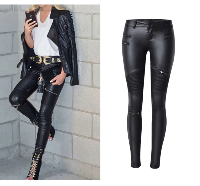 2017 Spring Fashion Women Brand Clothing Sexy Coated Jeans Pants Spliced Faux PU Leather Pants Fitness Lady Long Legging Pants (2)