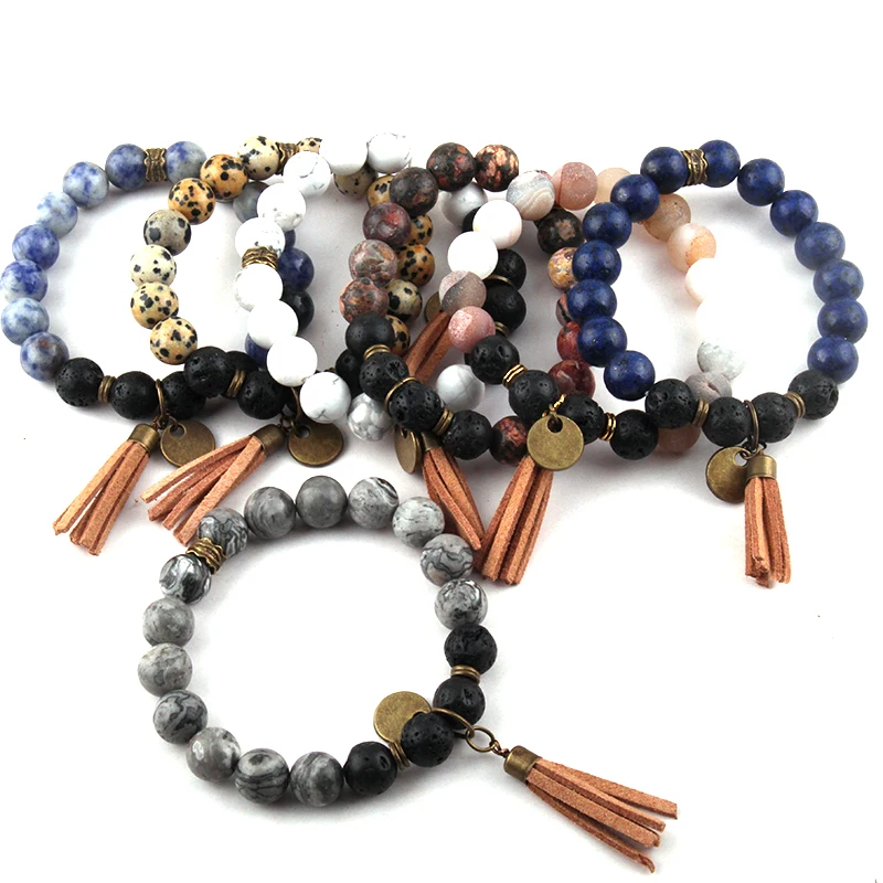 

Fashion Jewelry Bracelets 10mm Lava and Stone Antique Bronze Tassel Charm Bracelet