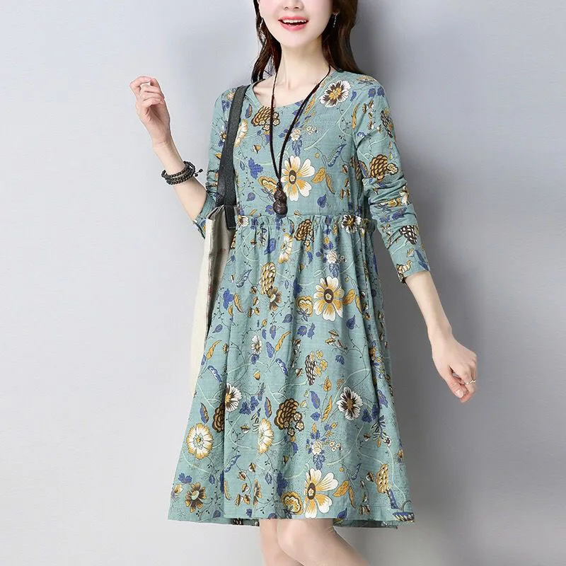 

Women's Long Sleeve O-Neck Floral Print Midi Dress Vintage Cotton Linen Casual A-Line Kaftan Summer Plus Size DF2148