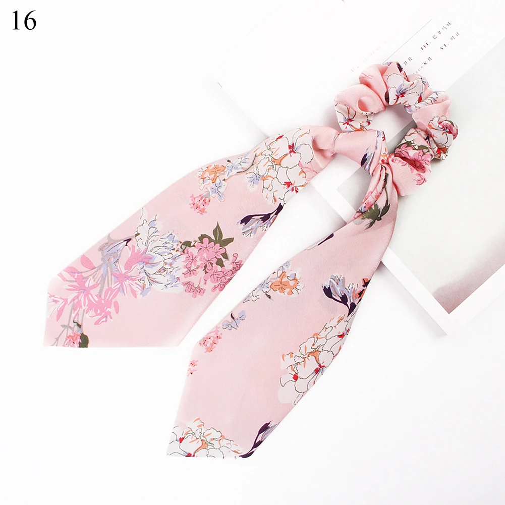 hair band for ladies DIY Solid/Floral Print Bow Satin Long Ribbon Ponytail Scarf Hair Tie Scrunchies Women Girls Elastic Hair Bands Hair Accessories black head scarf Hair Accessories