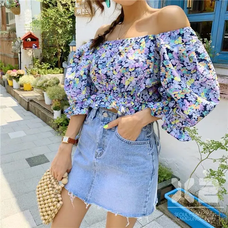 Summer Short Square Collar Floral Women Shirts Contraction Waist Elegant Temperament Blouses Female Clothes 2019 New Tops