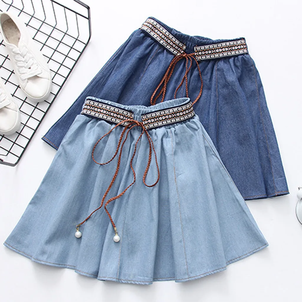 

2019 Spring Summer Skirts Womens Cotton Denim Vintage Comfortable High Waist Bandage Ladies Midi Skirt L412A