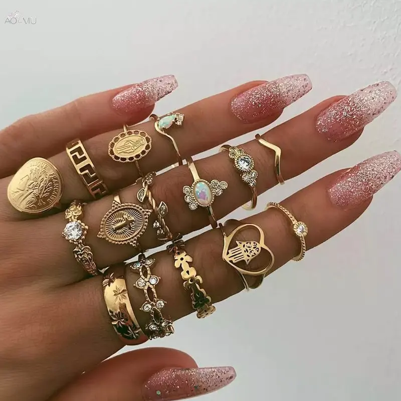 

AOMU 15PCS Vintage Boho Cross Leaves Flowers Star Round Gold Ring Crystal Heart Ring Set Jewelry For Women Ring Girl Gift