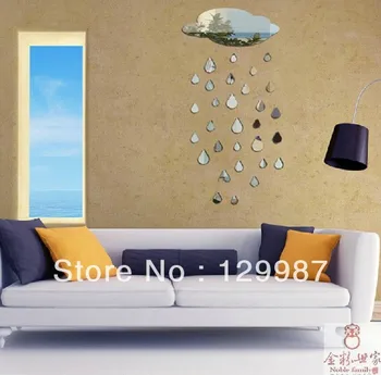

Free shipping 2013 hot selling acrylic the clouds and rain dots wall mirror sticker , 31pcs per set