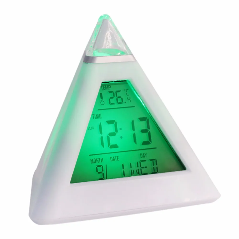 

Fahrenheit 7 LED Change Colors Snooze Alarm Clock Time Data Week Temperature Thermometer C/f Hour Home Pyramid LCD Digital