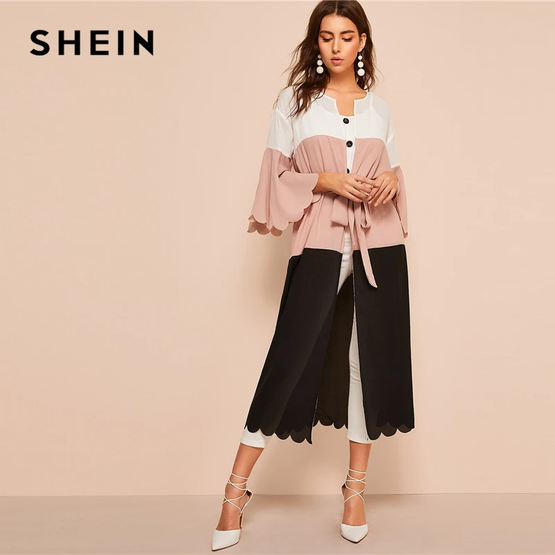 SHEIN Контрастное Платье С Фигурной Отделкой Женское Розовое Модное Платье С Поясом И Фестонами