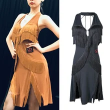 Платье для латинских танцев, женское сексуальное платье без рукавов с кисточками на бретельках, платья для танго, Женская Одежда для танцев DN3990