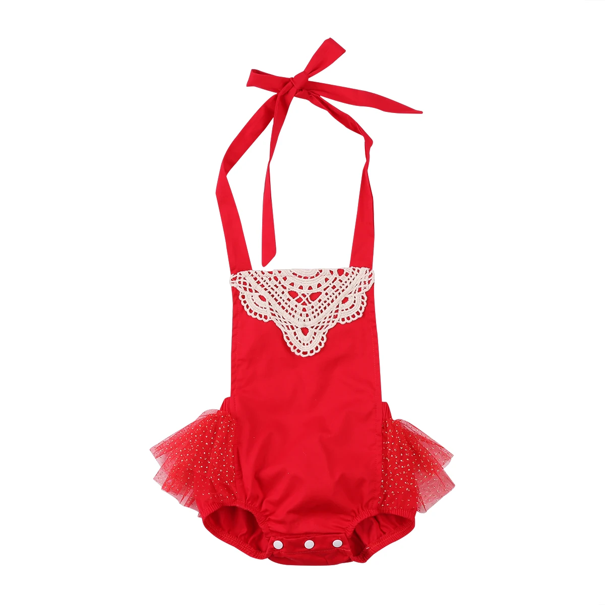 Newborn Toddler Baby Girl Tutu Princess Red Jumpsuit Bodysuit Lace Patchwork Bodysuits Clothes