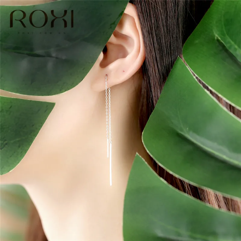 ROXI, 925 пробы, серебряные серьги для женщин, длинные серьги с кисточками, линия ушей, Геометрическая палка, висячие серьги, ювелирное изделие