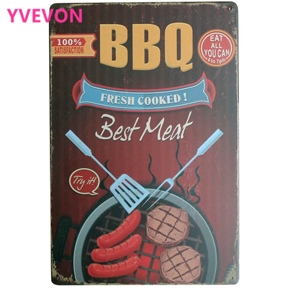 

BBQ FRESH COOKED Best Meat Metal Decor Sign Vintage Food Plate for port beef sausage barbecue ourdoor home party LJ7-15 20x30cm