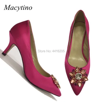 

Hot Pink Satin Pumps Beading Flower Pointy Toe Kitten Heel Formal Ladies Shoes Plus Size Bridal Wedding Shoes