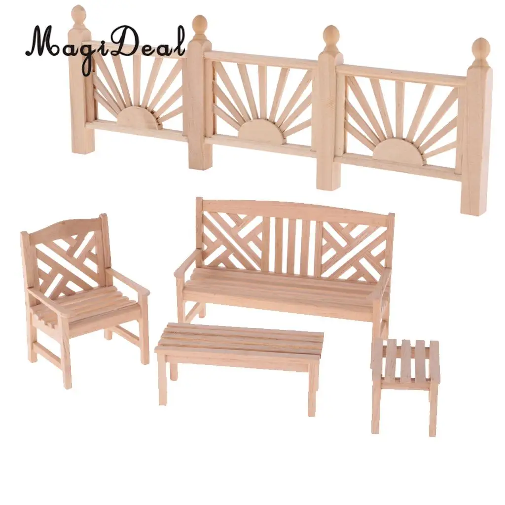 1/12 Dollhouse Miniature Unpainted Furniture Garden Park Decor Bench Chair End Table Stool Rail Fence Barrier DIY Accessories