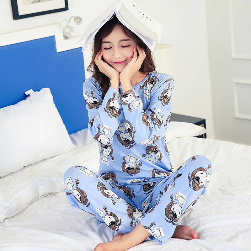 Для женщин длинный рукав мультфильм печати рубашка брюки 2-piece Pajama Set пижамы Homewears женский осень Милые комплекты Для женщин - Цвет: blue girl