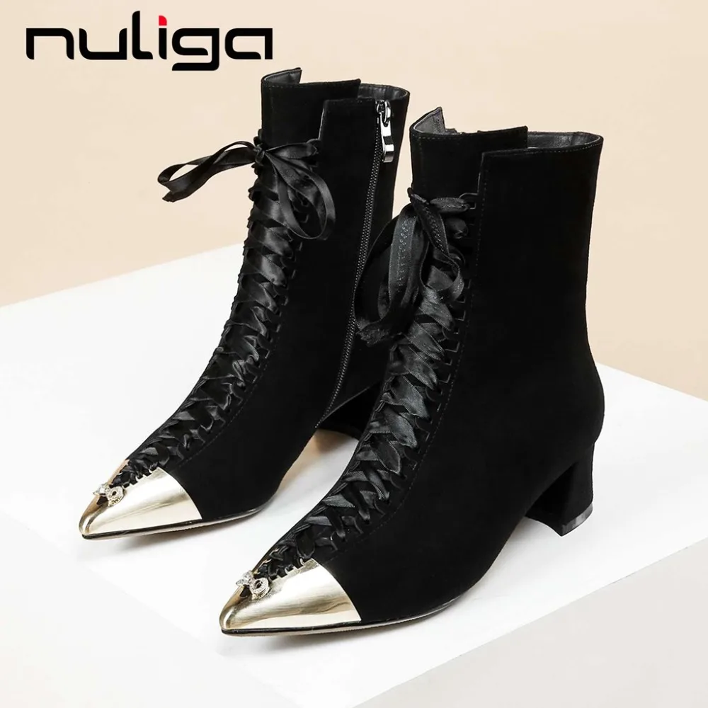 

Nuliga retro palace style zip sheep leather big size Floral decoration Gorgeous ribbon pointed toe med heels mid-calf boots L1f5