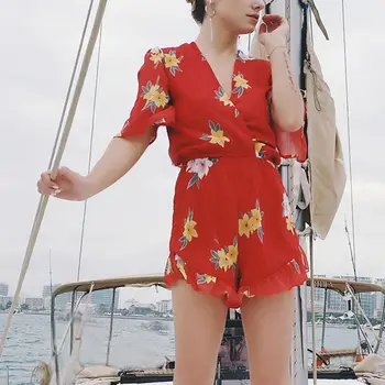 

Sexy Women Playsuits Floral Print Chiffon V-Neck Playsuits Short Sleeve Casual Beachwear Slim Ruffle Airy Female Playsuits