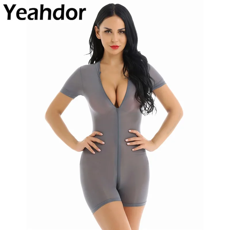 

Women One Piece See Through Sheer Lingerie Short Sleeve Double Zipper Short Bodycon Bodysuit Jumpsuit Romper Bathing Suit Summer