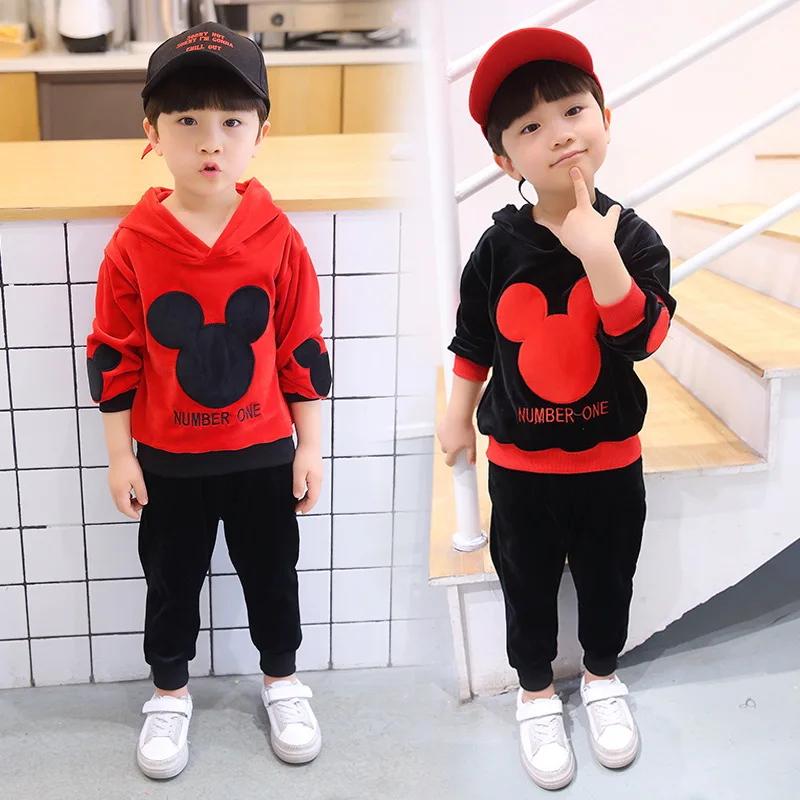 

Long-sleeved Hooded Sweater Gold Velvet Thin Suit Set Children Spring and Autumn Sets of Two Sets