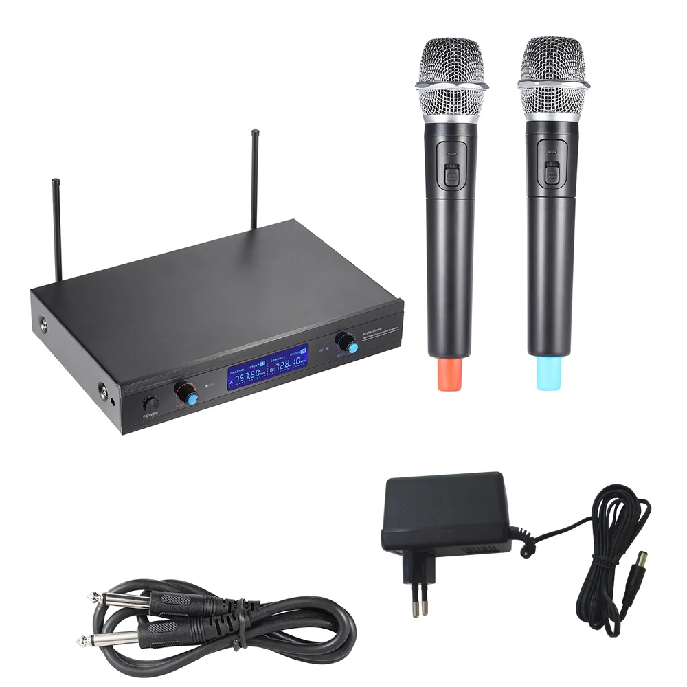 

2-Channnel Handheld Wireless UHF Microphone Mic System 2 Microphones 1 Receiver LCD Display with Audio Cable Power Adapter