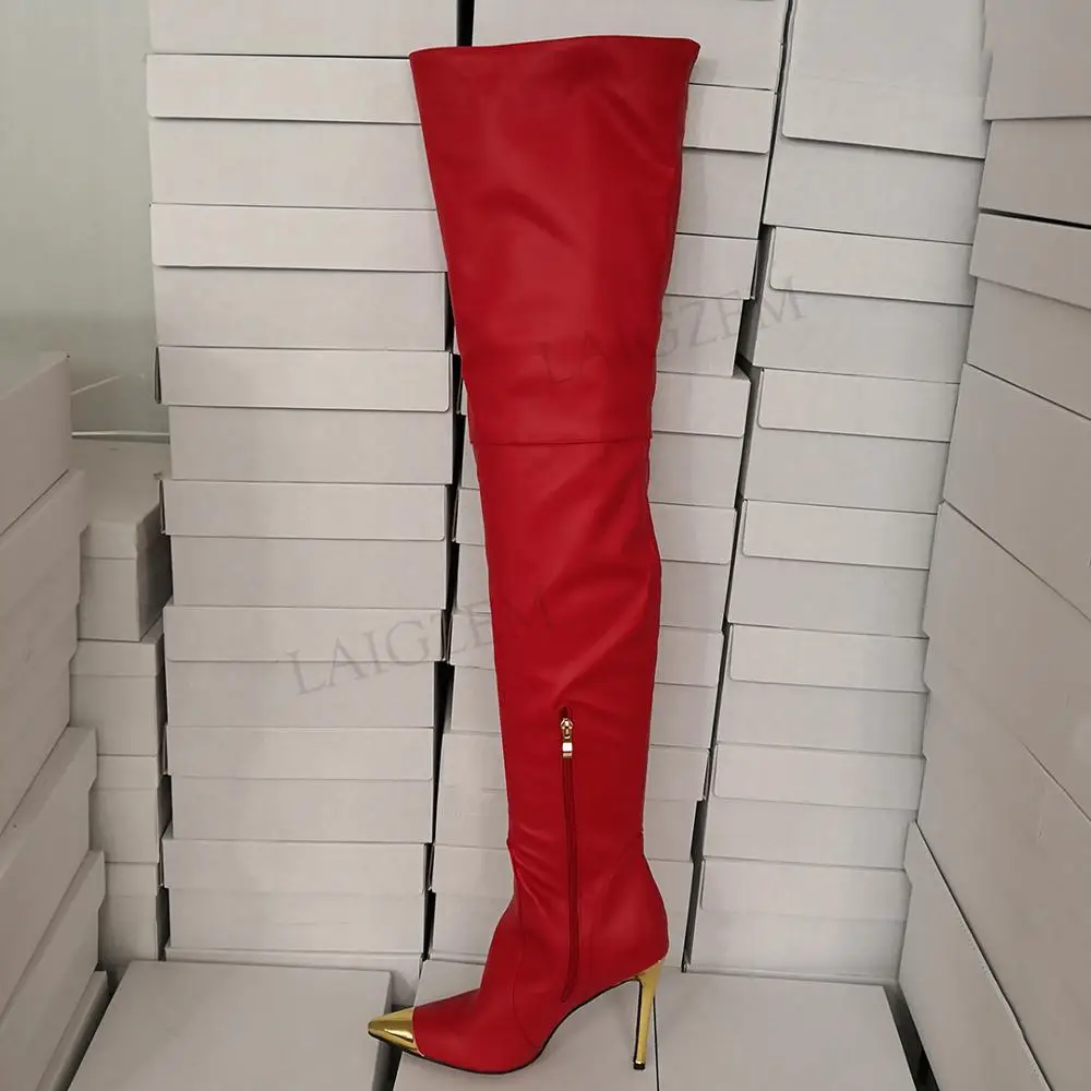 LAIGZEM NEW Women Thigh High Boots Gold Pointy Toe Stiletto Heels Zipper Tall High Boots Party Show Botines Mujer Big Size 4-14 (2)