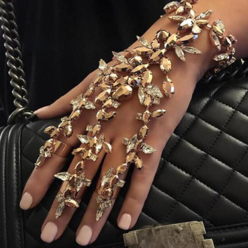 

BRT0050 Beauty Crystal Bridal Luxury Leaf Rhinestone Chain Link Bangle 3 Finger Ring Bracelet Wraps Slave Alloy Jewelry
