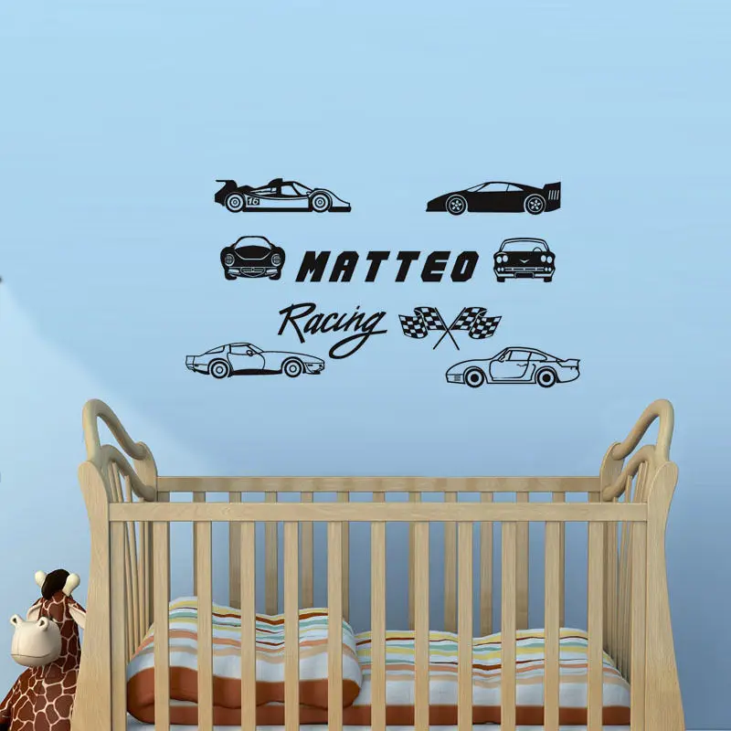 Sets of Racing Car Personalized Custom Name Vinyl Wall Decal Kids Boy