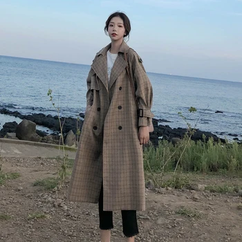 Korean Style Ladies Trench Coat Plaid Long Double Breasted Belted Oversize Loose Women Duster Coat Outerwear with Storm Flaps flounce trim belted coat
