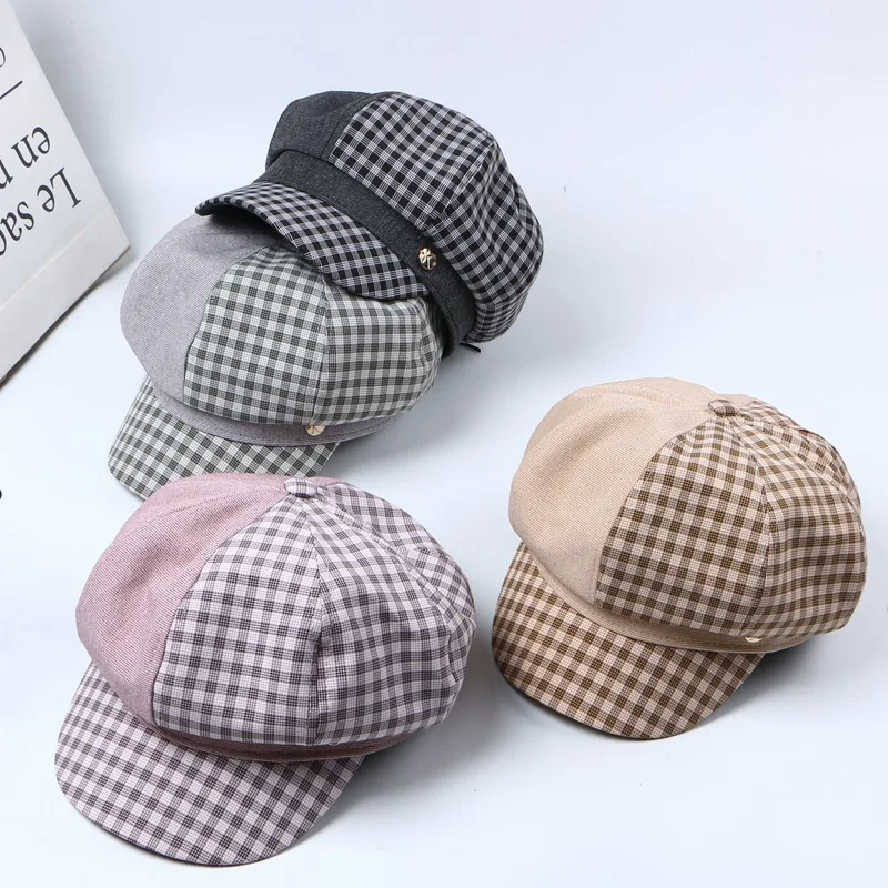 

2019 New Cotton Plaid Berets Women Spring Summer Female Hat Caps