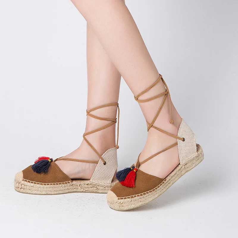 

Head Leather Sandals Crossing Bandage Leisure Sandals Woman Low Cotton Women's Shoes