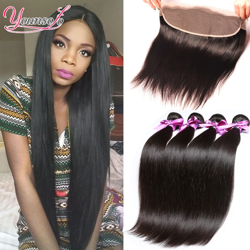 7A Lace Frontal Closure With Bundles Brazilian Virgin Hair Straight With Closure Human Hair Lace Frontal Bundles Weave Free Part