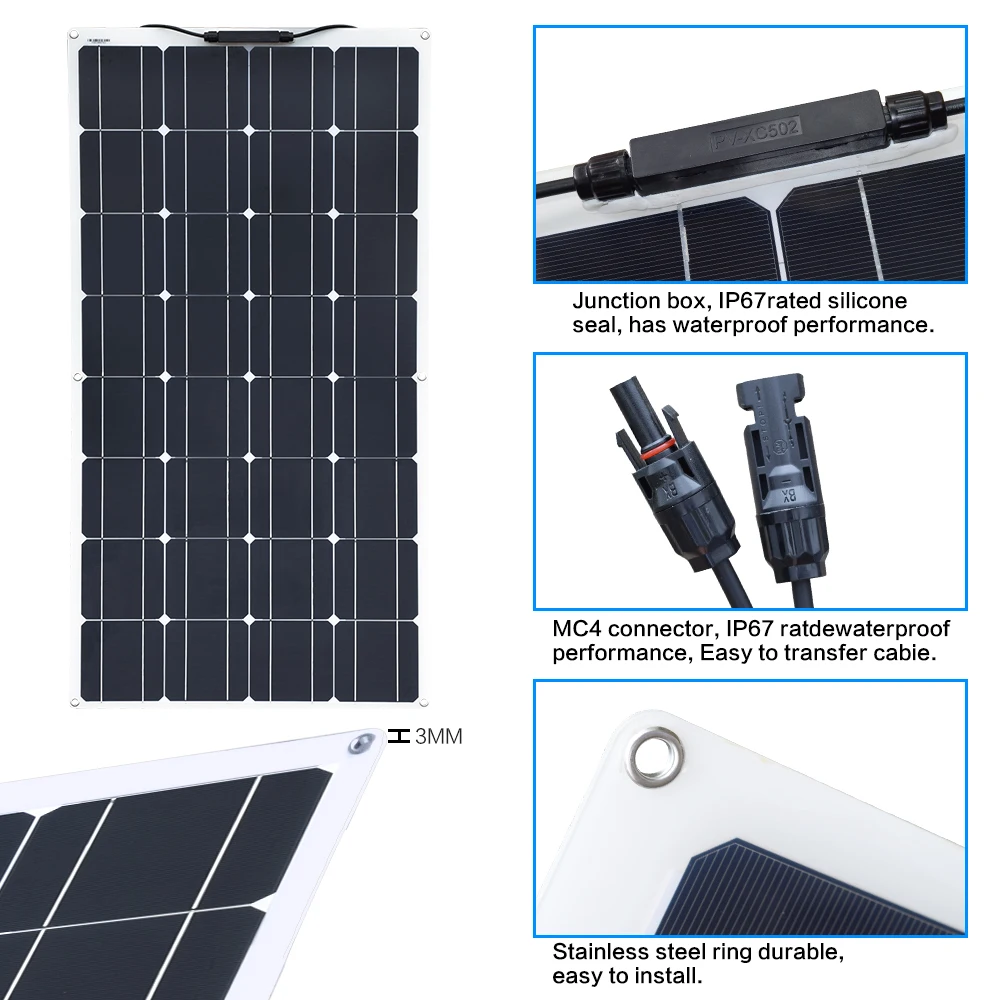 12 Вольт 100 ватт монокристаллическая Гибкая солнечная панель, солнечная RV 200 ватт 400 Ватт 600 ватт 1000 ватт комплект для 12 В 24 вольт зарядки батарей
