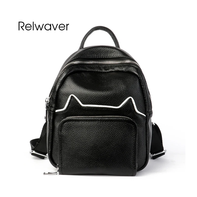 

Relwaver genuine leather mini backpack kitten outline soft black women backpack fashion stylish small girl leather school bags