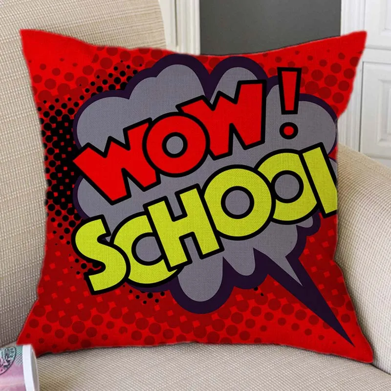 

POP Art School Holidays Comic Bubble Boom Red Blue Green Dot Background Sofa Throw Pillow Case Home Decor Linen Cushion Cover