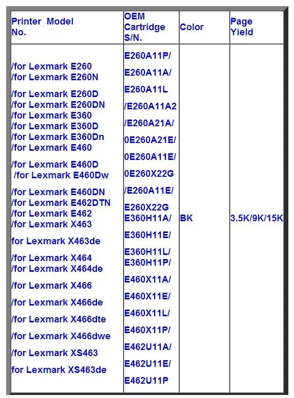 Совместимый для lexmark E120 E230 E210 E220 E250 E232 E342 E260 тонер