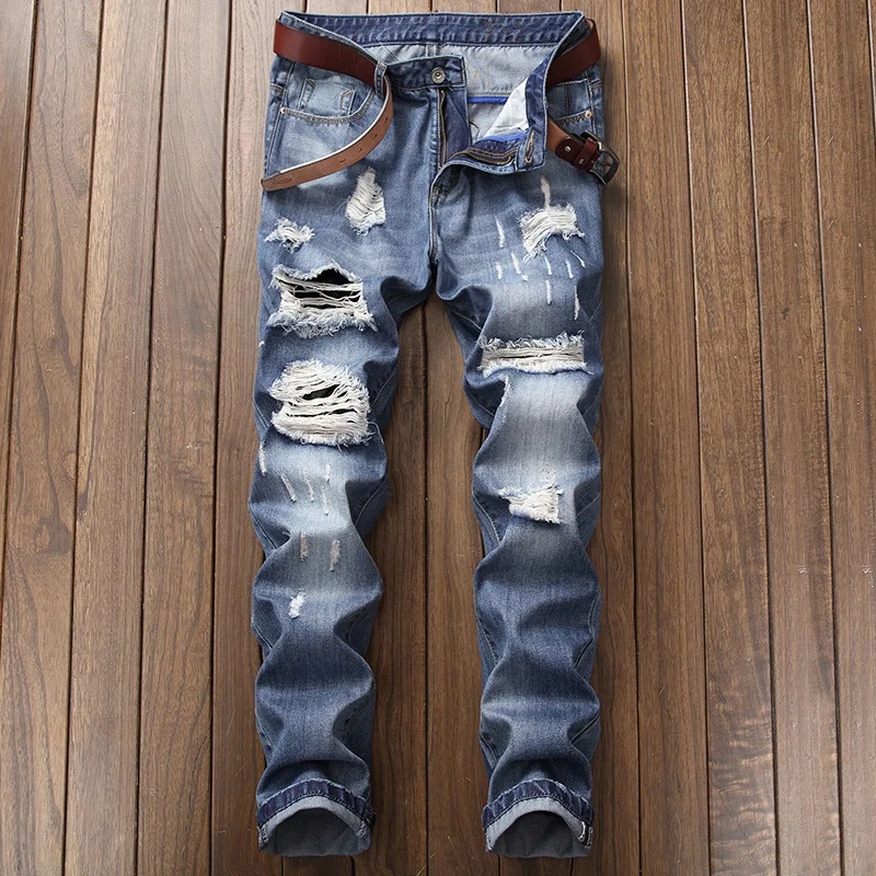 Мужские джинсы осень прямые мешковатые джинсы отверстия рваные Дизайн Мужская Уличная джинсы Повседневное большой Размеры брюки для