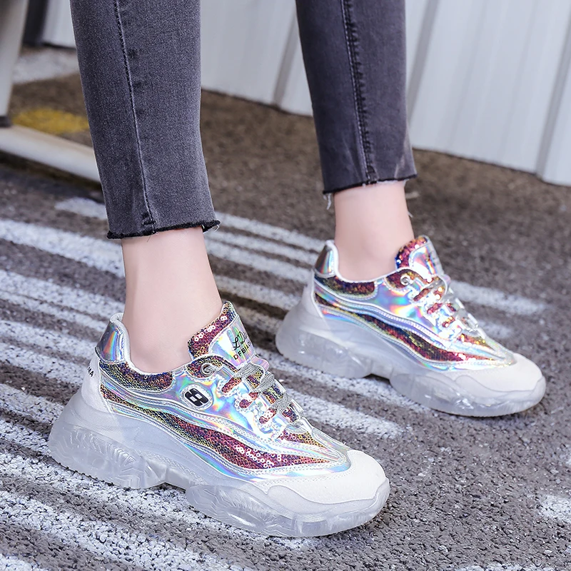 

Spring Women Chunky Sneakers Harajuku Casual Dad Shoes Platform Sneakers Transparent Jelly Sneakers Oxford Sole Patent Sneakers