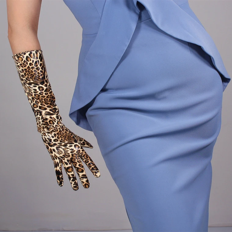 

Women's leopard print faux pu leather long gloves female sexy club party dress fashion long driving dancing glove 40cm R1194