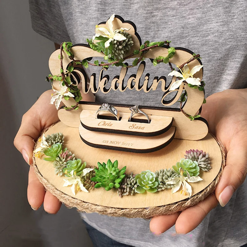 On sale custom name Anniversary Engagement rings bearer pillow wood wedding flower rustic ring box