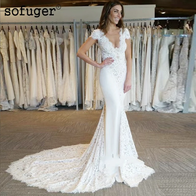 

2019 Sexy V-neck Elegant Lace Backless Bridal Gown Wedding Dresses Vestidos de Noivas Custom White Ivory