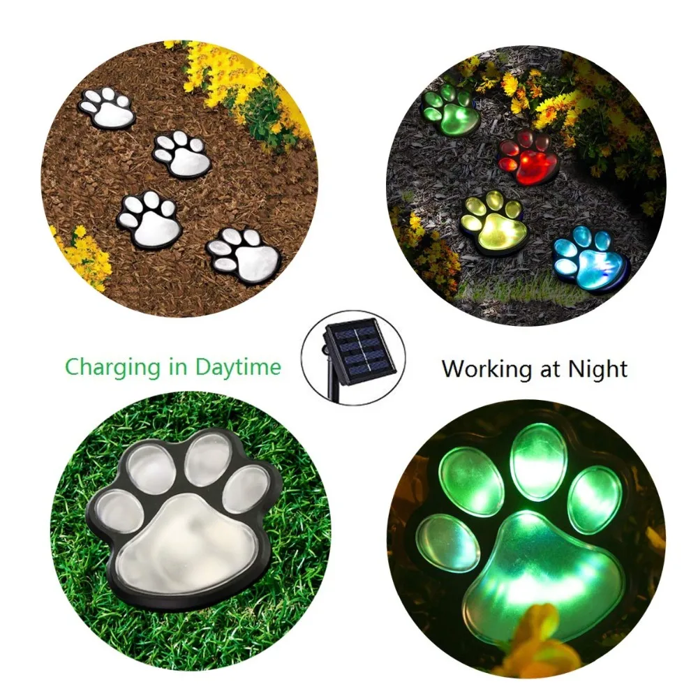 4 Solar Cat Animal Paw Print Lights LED Solar Lamps Garden Outdoors Lantern LED Path Decorative Lighting Footprints Lamp