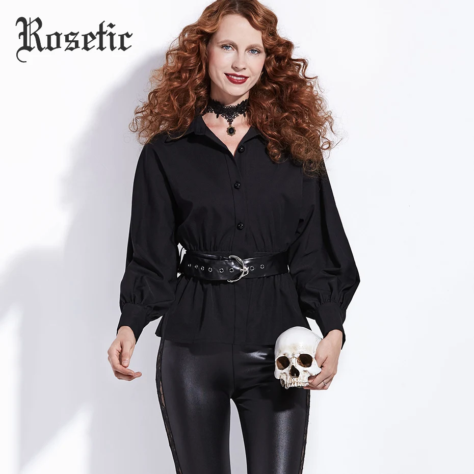 

Rosetic Gothic Black Turn-down Collar Women Sashes Blouses With Button and Belt Long Sleeve Autumn Shirt