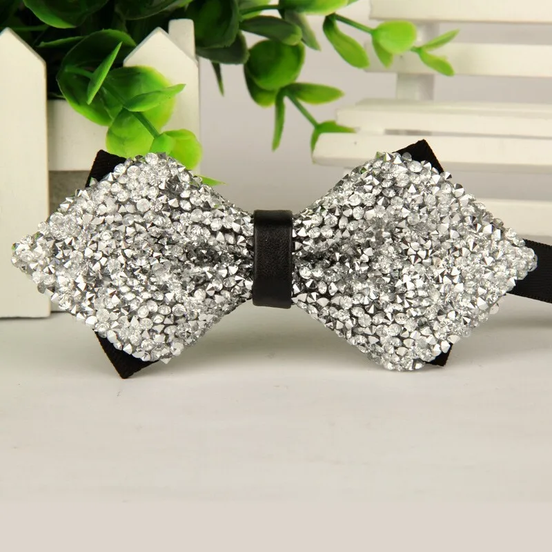 SHENNAIWEI pointed bow ties men gray crystal bow tie 12cm*6cm high