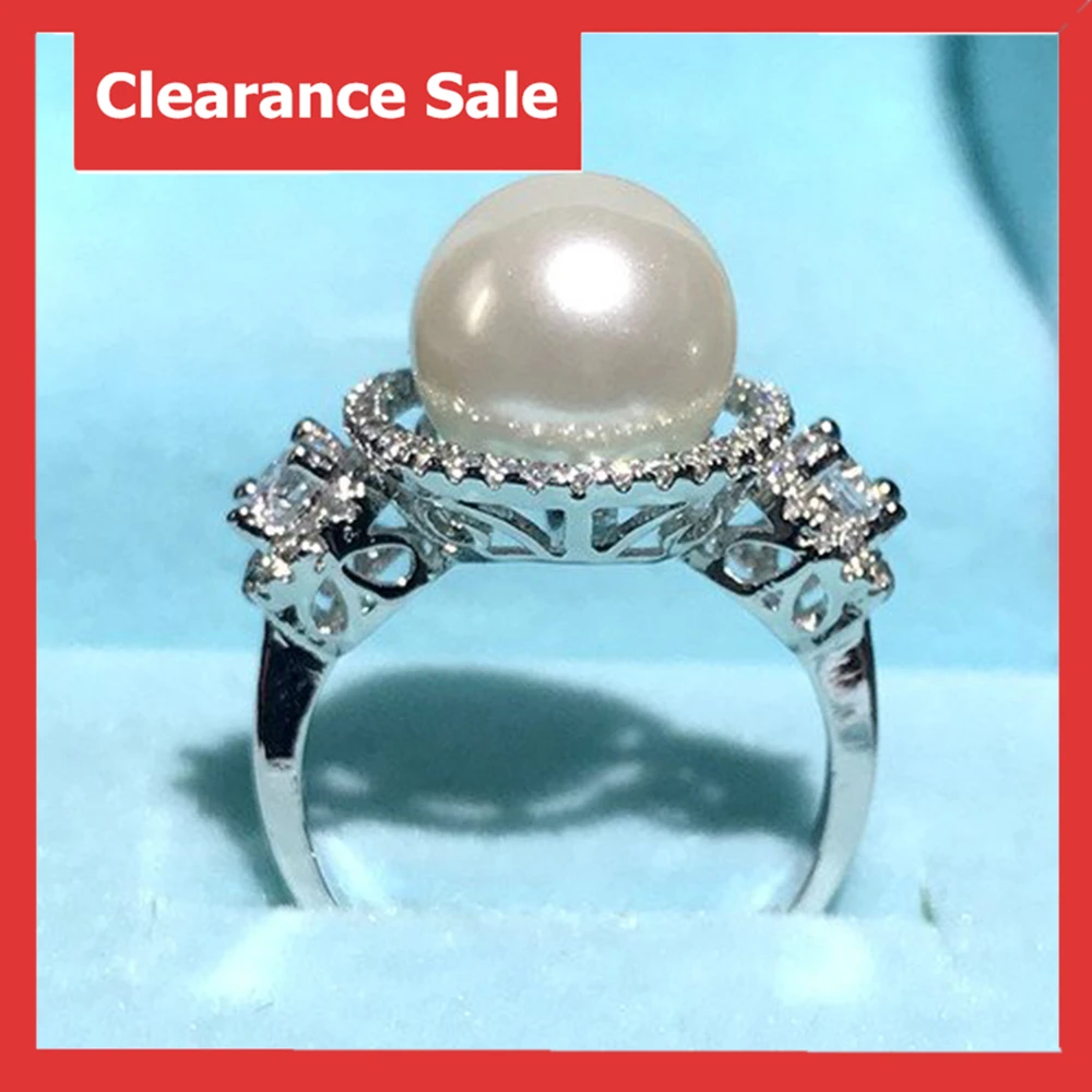 

Clearance Sale White Shell Pearl Sterling Silver Ring for Woman With AAA Zircons Paved Engagement Ring for Woman