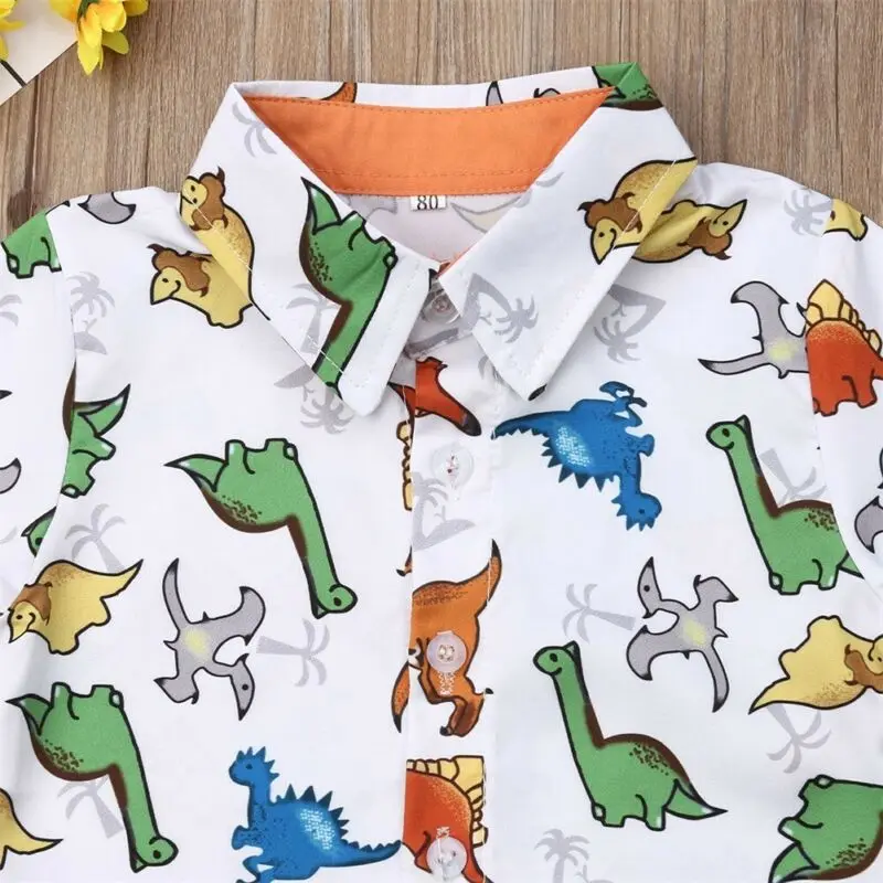 Летние шорты с длинными рукавами в джентльменском стиле рубашка с динозаврами Топы зеленые шорты Костюмы костюм 2 шт. Дети комплект одежды для мальчиков