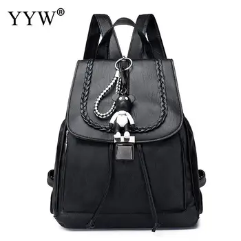 

High Quality Leather Drawstring Backpack Female Black Casual Bag For Women 2018 Laptop Backpack With Little Bear Doll Bookbag